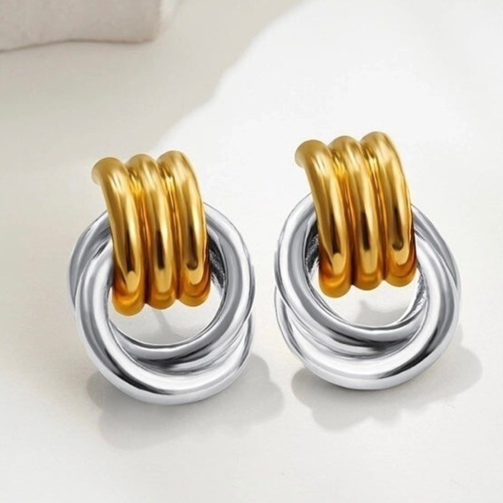 Two Tone Classic Gold Silver Double Ring Stud Drop Earrings NEW